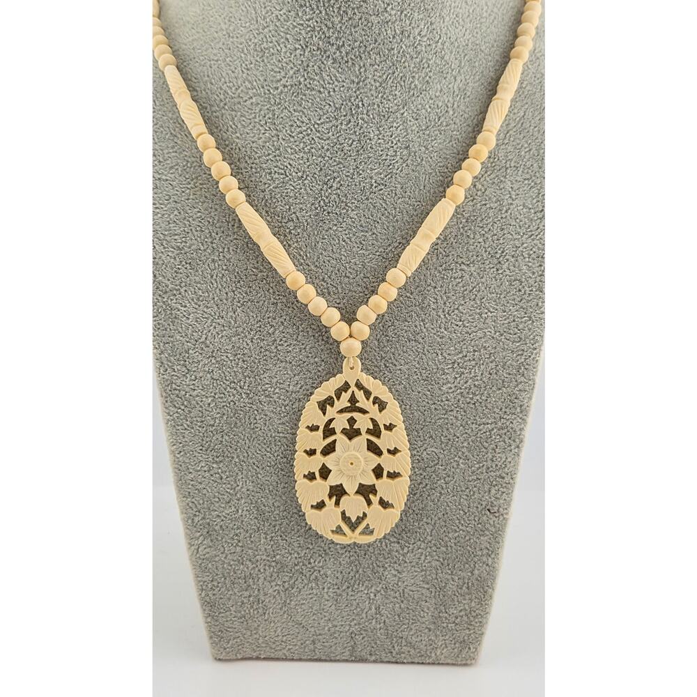 Vintage Carved Bone Pendant Necklace Boho Floral Double Sided 29 in